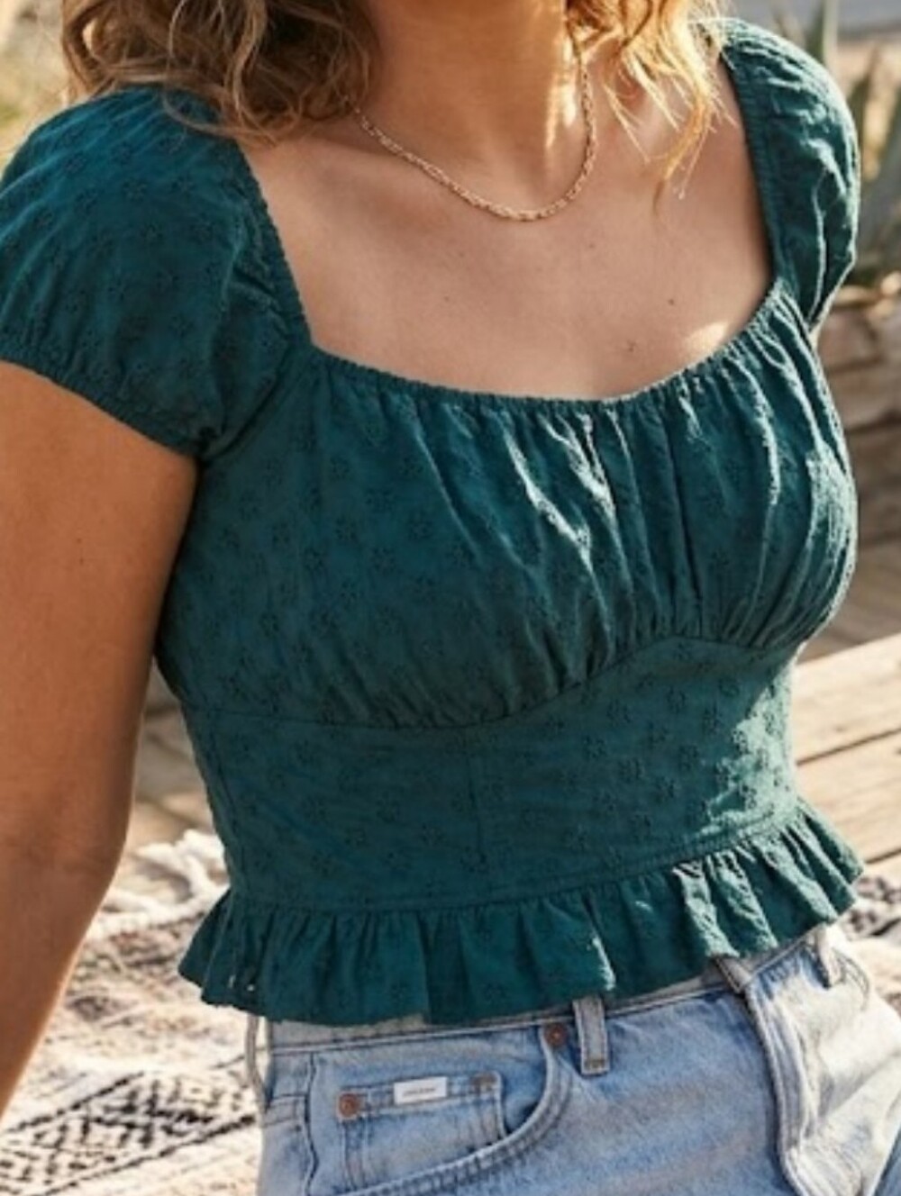 Hollister Teal Eyelet Ruffle Crop Blouse
